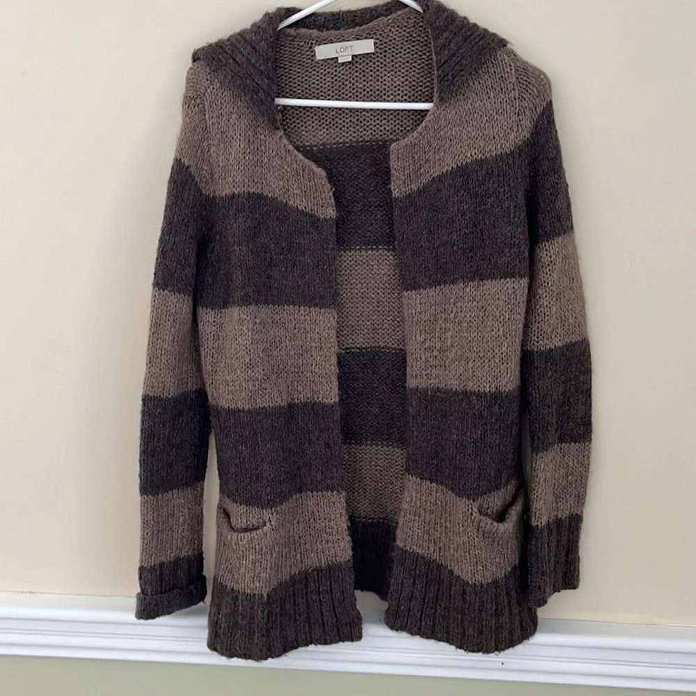 LOFT Mohair Brown Wide Stripe Open Cardigan Sweater XS - Picture 8 of 13